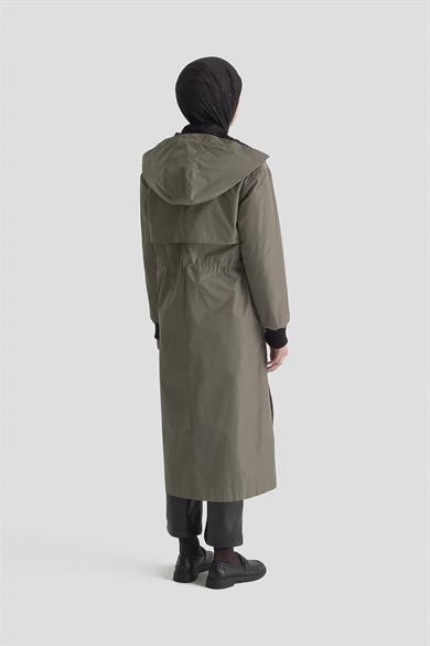 Boydan Fermuarlı Beli Büzgülü Kapüşonlu Paraşüt Kumaş Kap Bej 25KT726