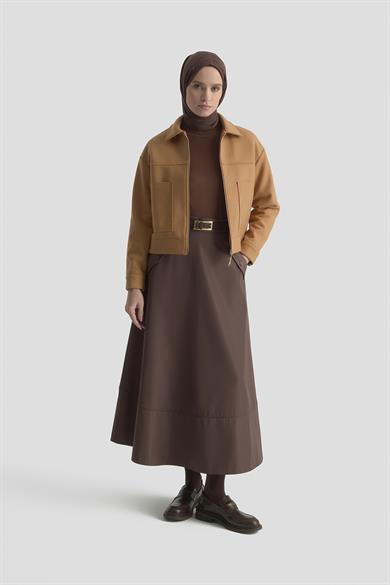 Boydan Fermuarlı Cep Detaylı Kısa Ceket Camel 25KT517