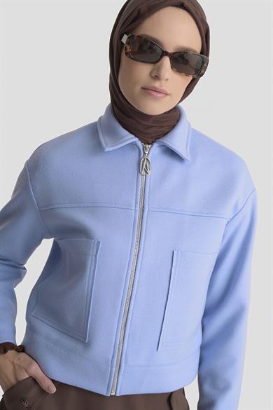 Boydan Fermuarlı Cep Detaylı Kısa Ceket Mavi 25KT517