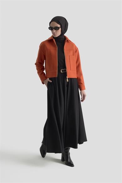 Boydan Fermuarlı Cep Detaylı Kısa Ceket Oranj 25KT517