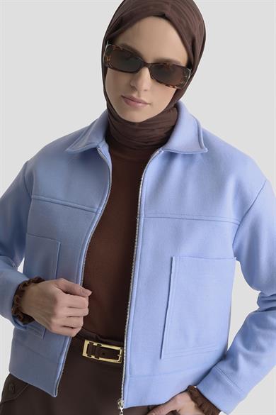 Boydan Fermuarlı Cep Detaylı Kısa Ceket Mavi 25KT517