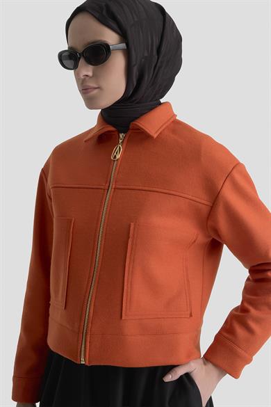 Boydan Fermuarlı Cep Detaylı Kısa Ceket Oranj 25KT517