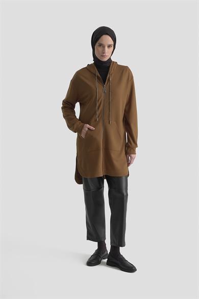 Boydan Fermuarlı Kapüşonu Bağcıklı Kanguru Cepli Tunik Taba 25KT448