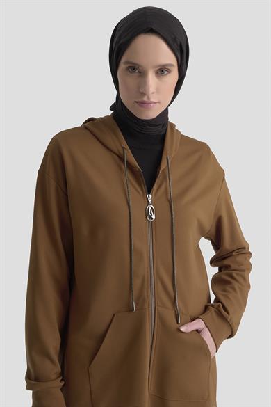 Boydan Fermuarlı Kapüşonu Bağcıklı Kanguru Cepli Tunik Taba 25KT448