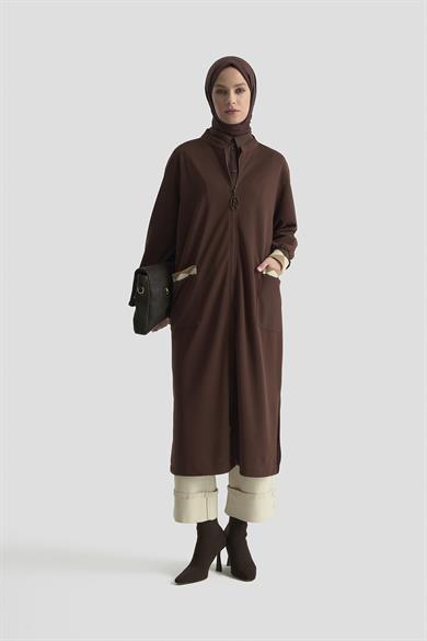 Boydan Fermuarlı Ribanalı Crep Giy Çık Kahverengi 25KT556