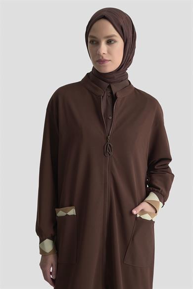 Boydan Fermuarlı Ribanalı Crep Giy Çık Kahverengi 25KT556