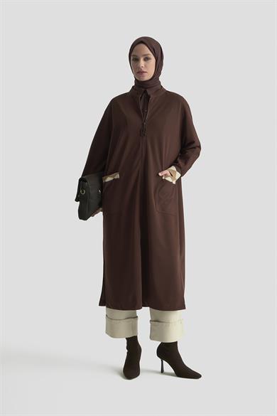 Boydan Fermuarlı Ribanalı Crep Giy Çık Kahverengi 25KT556