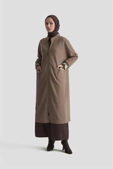 Boydan Fermuarlı Ribanalı Crep Giy Çık Vizon 25KT556