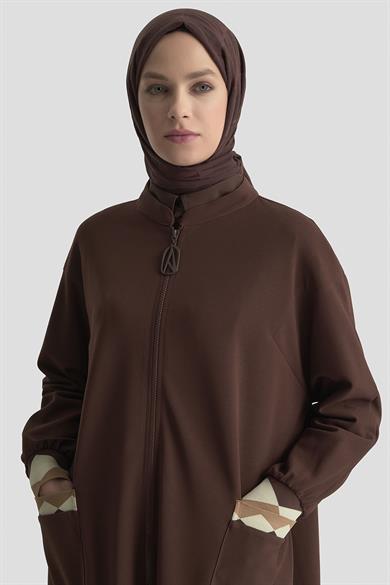 Boydan Fermuarlı Ribanalı Crep Giy Çık Kahverengi 25KT556