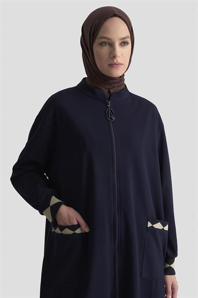 Boydan Fermuarlı Ribanalı Crep Giy Çık Lacivert 25KT556