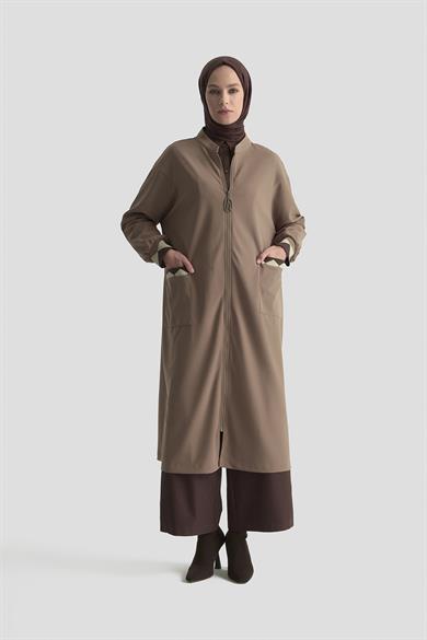 Boydan Fermuarlı Ribanalı Crep Giy Çık Vizon 25KT556