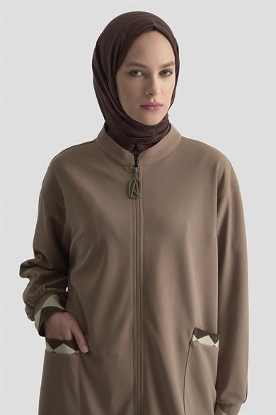 Boydan Fermuarlı Ribanalı Crep Giy Çık Vizon 25KT556