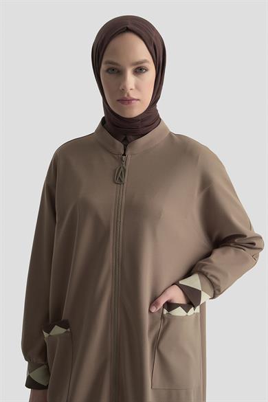 Boydan Fermuarlı Ribanalı Crep Giy Çık Vizon 25KT556