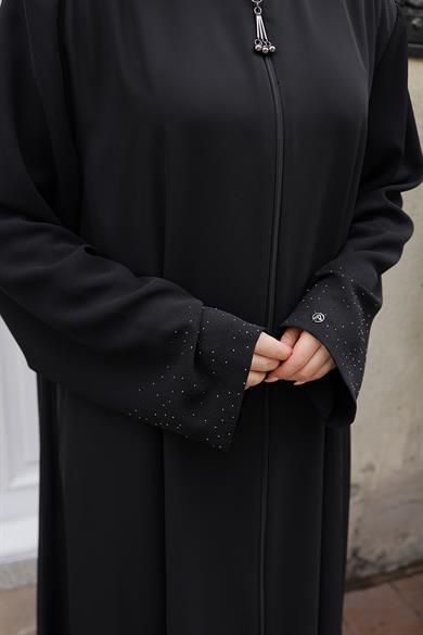 Boydan Fermuarlu Taş Detaylı Ferace-Siyah 25YTD813