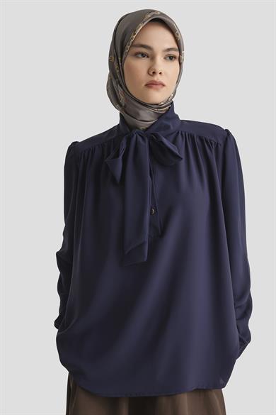 Boyun Kurdele Desenli Tunik-Lacivert 25YT303