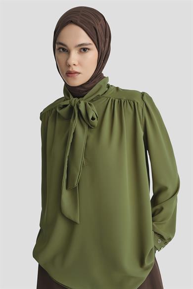 Boyun Kurdele Desenli Tunik-Yağ Yeşili 25YT303
