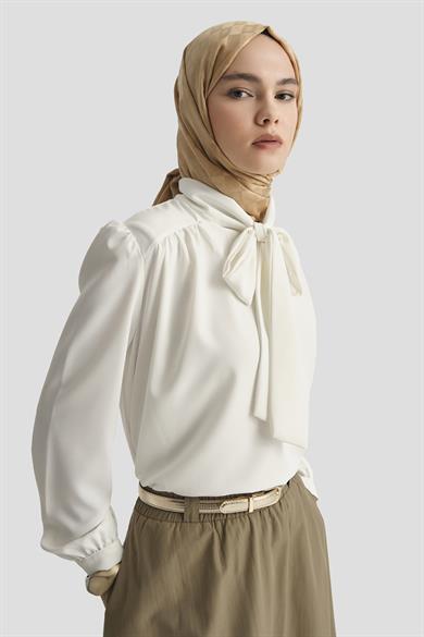 Boyun Kurdele Desenli Tunik-Ekru 25YT303