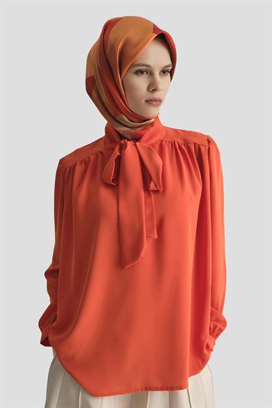 Boyun Kurdele Desenli Tunik-Turuncu 25YT303