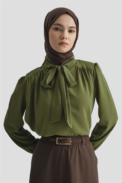 Boyun Kurdele Desenli Tunik-Yağ Yeşili 25YT303