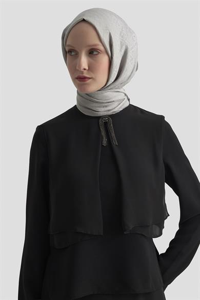 Broş Detaylı Şifon Garnili Şifon Parçalı Pantolonlu İkili Takım Siyah 25KT675