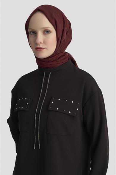 Cep Kapağı Taş Detaylı Taşlı Bağcıklı Crep Tunik Siyah 25KT451