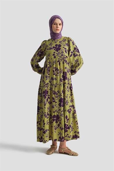 Çiçek Desenli Elbise-Yeşil 25YT910