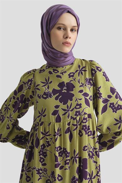 Çiçek Desenli Elbise-Yeşil 25YT910