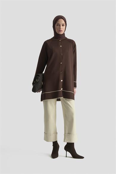 Çizgi Detaylı Düğmeli Triko Hırka Kahverengi 25YTD4123