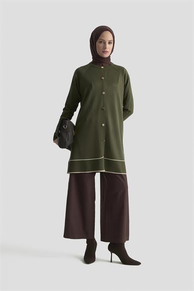 Çizgi Detaylı Düğmeli Triko Hırka Haki 25YTD4123