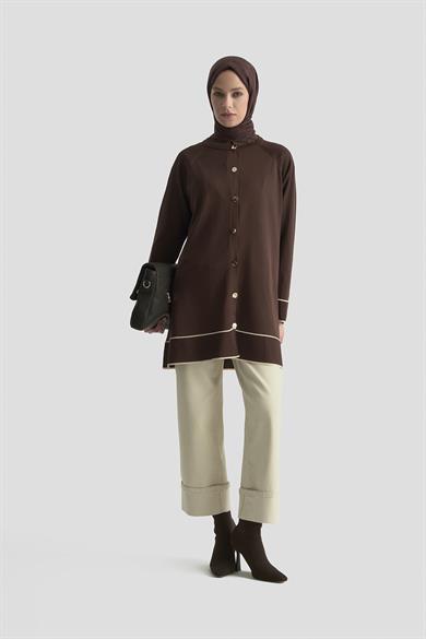 Çizgi Detaylı Düğmeli Triko Hırka Kahverengi 25YTD4123