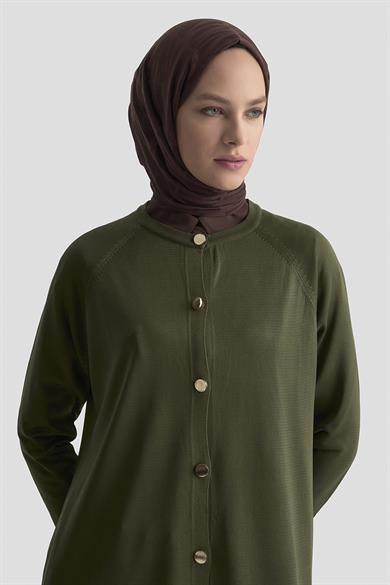 Çizgi Detaylı Düğmeli Triko Hırka Haki 25YTD4123