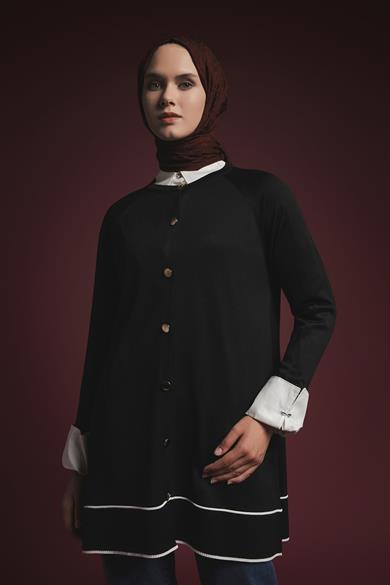 Çizgi Detaylı Düğmeli Triko Hırka Siyah 25YTD4123