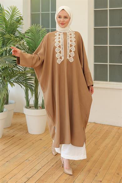 Dantel Desenli Salaş Kesim Tunik Camel 24YT463