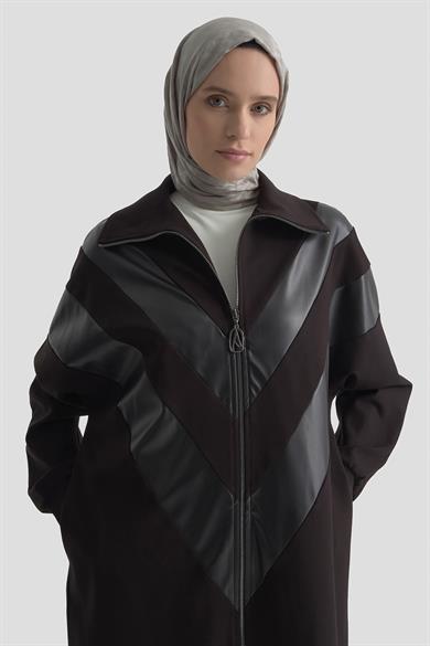 Deri Garni Detaylı Boydan Fermuarlı GiyÇık Siyah 25KT551