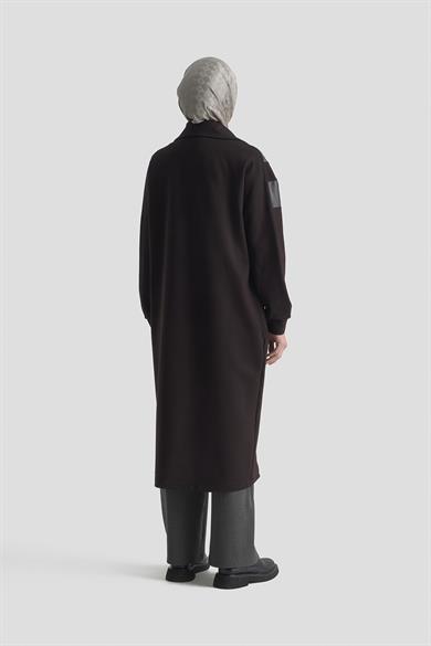 Deri Garni Detaylı Boydan Fermuarlı GiyÇık Siyah 25KT551