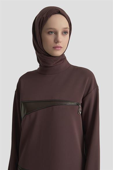 Deri ve Fermuar Detaylı Fitilli Tunik Kakao 25KT452