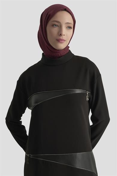 Deri ve Fermuar Detaylı Fitilli Tunik Siyah 25KT452