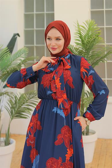 Desenli Elbise Lacivert 23YT905