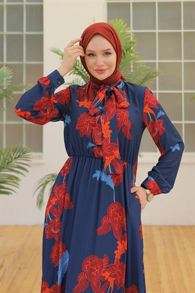 Desenli Elbise Lacivert 23YT905