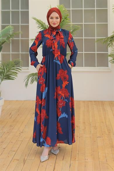 Desenli Elbise Lacivert 23YT905