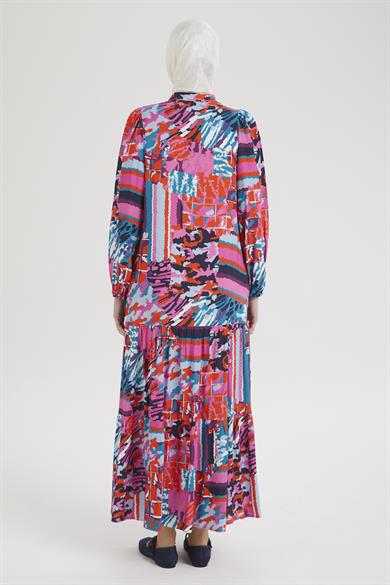 Desenli Renkli Elbise Pembe 24YT952