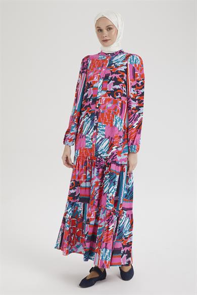 Desenli Renkli Elbise Pembe 24YT952