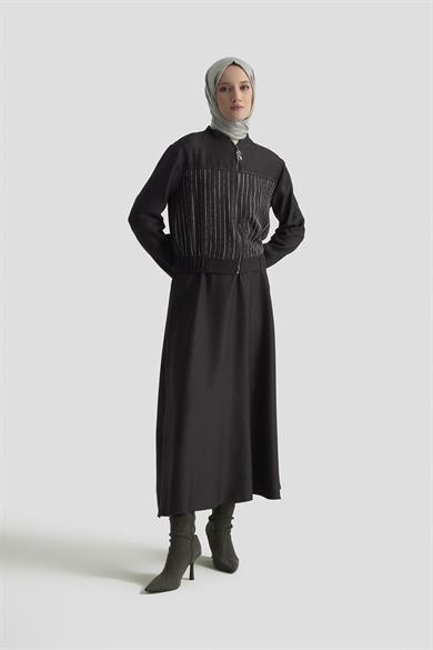 Dokuma Çizgi Payet Garnili Etekli İkili Takım Antrasit 25KT663