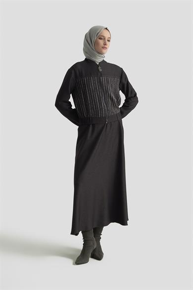 Dokuma Çizgi Payet Garnili Etekli İkili Takım Antrasit 25KT663