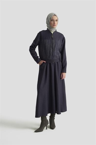 Dokuma Çizgi Payet Garnili Etekli İkili Takım Lacivert 25KT663