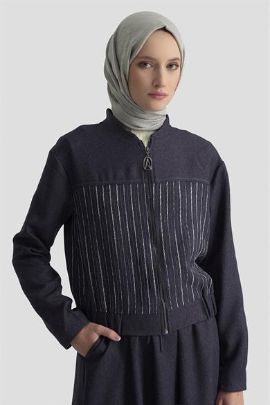 Dokuma Çizgi Payet Garnili Etekli İkili Takım Lacivert 25KT663