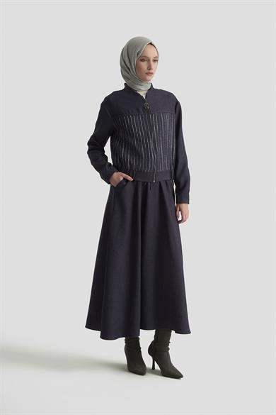 Dokuma Çizgi Payet Garnili Etekli İkili Takım Lacivert 25KT663