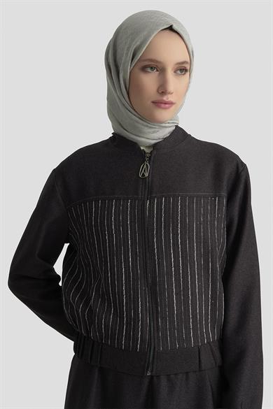 Dokuma Çizgi Payet Garnili Etekli İkili Takım Antrasit 25KT663
