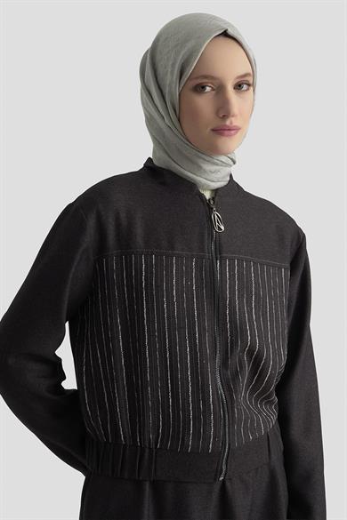 Dokuma Çizgi Payet Garnili Etekli İkili Takım Antrasit 25KT663
