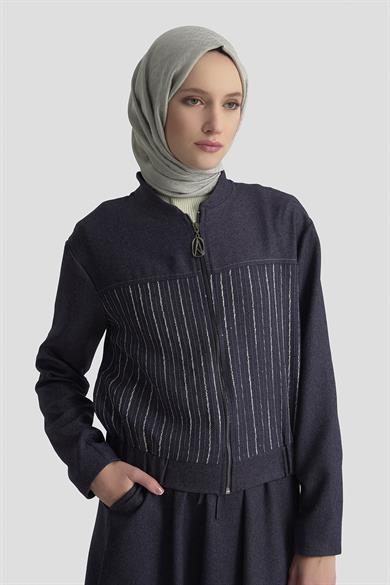 Dokuma Çizgi Payet Garnili Etekli İkili Takım Lacivert 25KT663